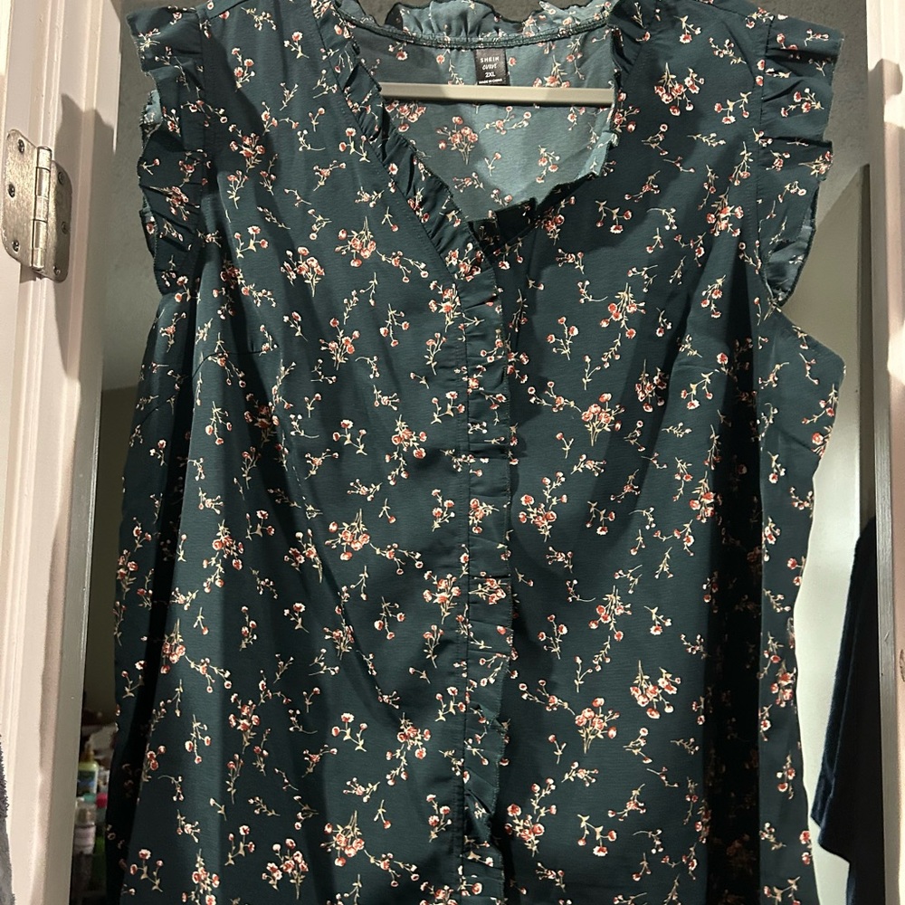 SHEIN Dark Green Floral Ruffle Blouse